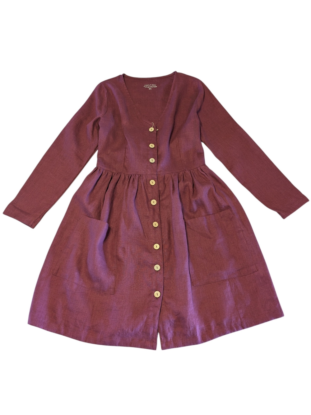 Simply Grey Burgundy Linen Long Sleeve Tie Back Dress W/ Front Pockets